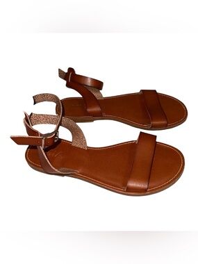MIA Cognac Brown Leather Sandals Women’s 6.5 Flats Slides Ankle Straps Neutral